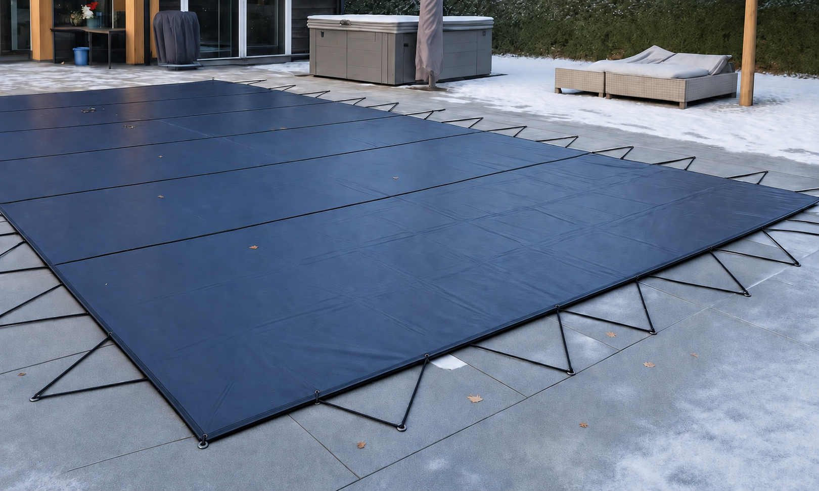 Winterafdekking met doorlopende driehoekige elastische bevestiging rond het zwembad